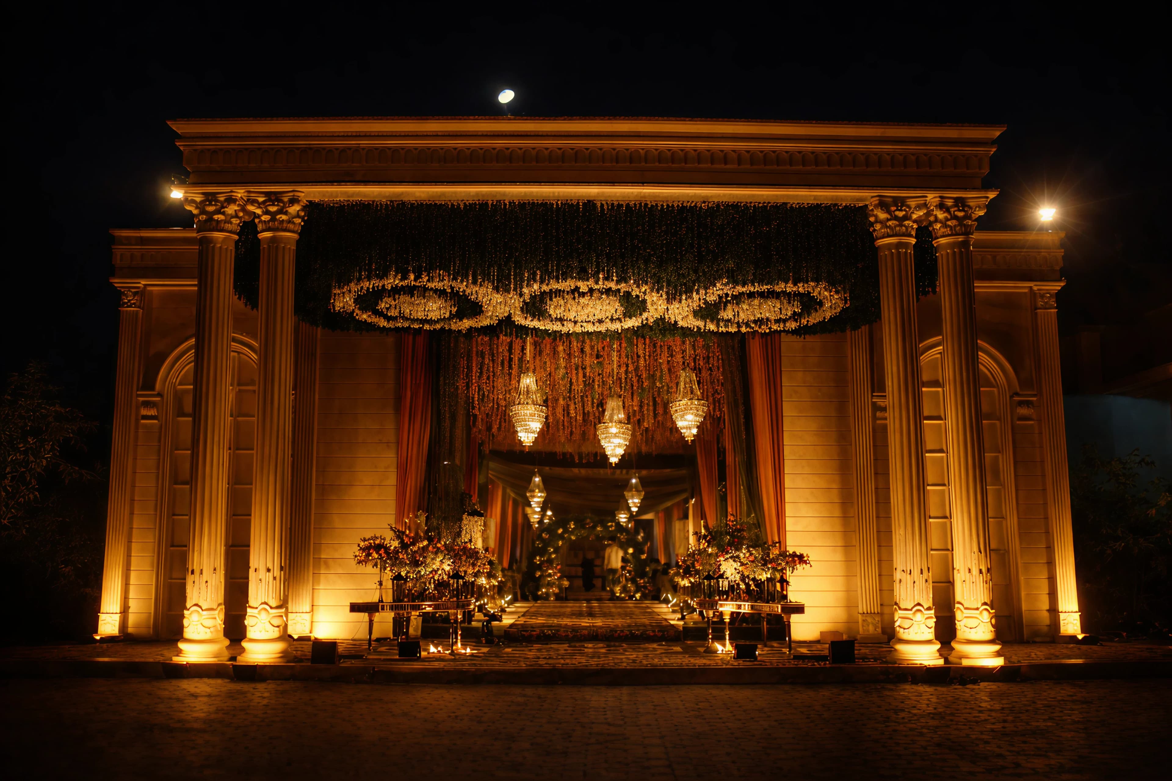 Grand Vivaan banquet venue at night, decorated for a celebration
